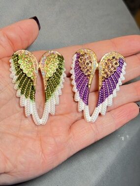 Angel Wing Brooch Set 2 Rhinestone Enamel Wings Purple Green Gold